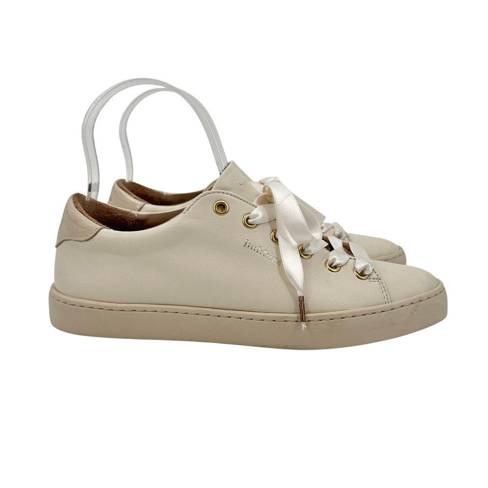 Bobbies Paris Women Off White Leather Sneakers Ribbon Laces Gold Eyelet 38 / 7.5